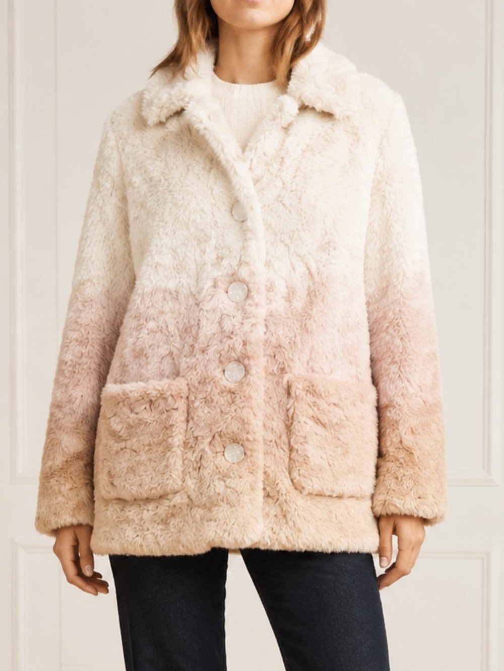Anthropologie Ombre Faux Fur Plush Coat Sz Medium Blush Cream Teddy Jacket Boho